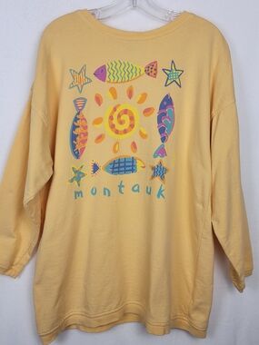 Vtg 90s Montauk NY Graphic Sweatshirt Yellow Fish Sun Beach Souvenir USA Made M